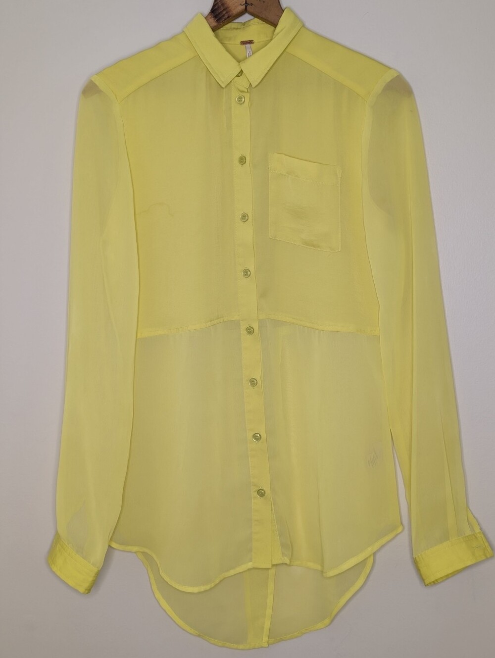 Free People Electric Yellow Satin and Sheer Button Down Blouse Y2K Women's XS